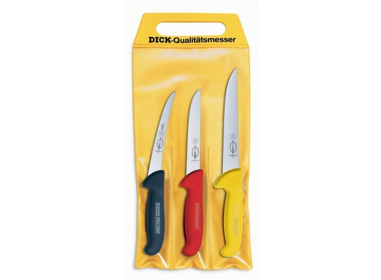 Pochette de 3 couteaux de boucher DICK ERGOGRIP 1 couteau &agrave; saigner + 2 d&eacute;sosseurs