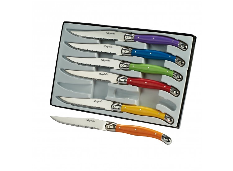 Coffret de 6 couteaux LAGUIOLE lames acier inox manche color&eacute;s
