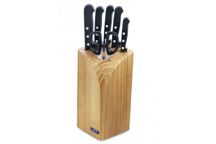 Bloc en pin 5 couteaux + ciseaux Arcos UNIVERSAL lames acier inox NITRUM