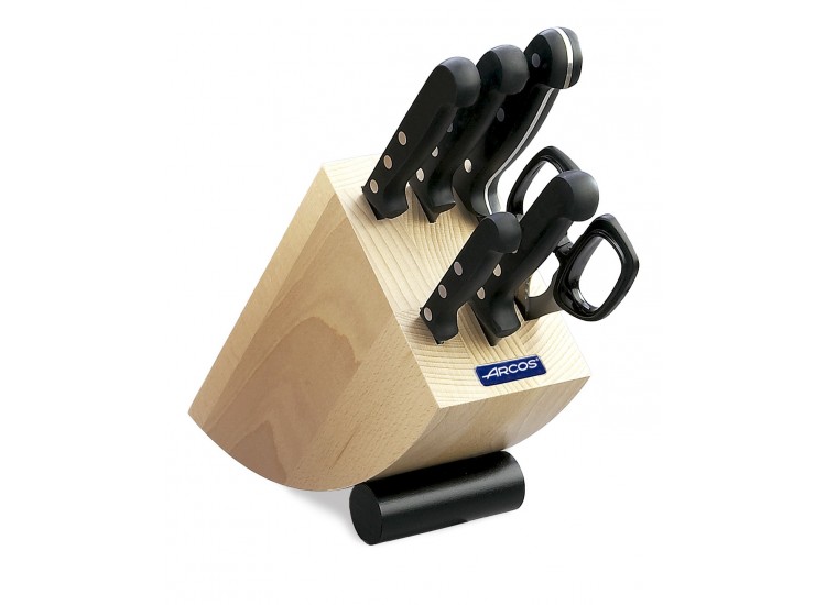 Bloc design bois de h&ecirc;tre 5 couteaux + ciseaux Arcos UNIVERSAL lames acier inox NITRUM