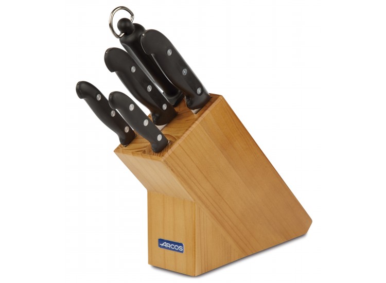 Bloc en pin 4 couteaux + 1 fusil Arcos MAITRE lames acier inox NITRUM