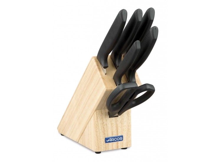 Bloc en h&eacute;v&eacute;a 5 couteaux + ciseaux Arcos NIZA lames acier inox NITRUM