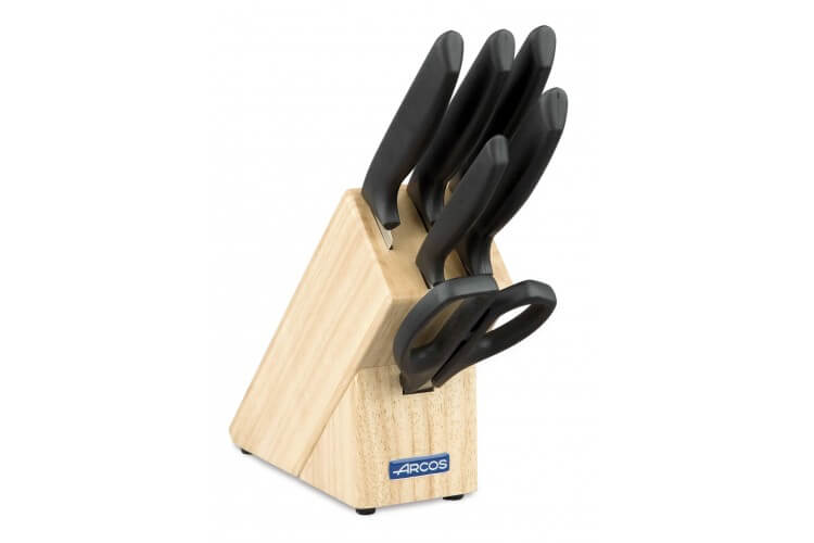 Bloc en hévéa 5 couteaux + ciseaux Arcos NIZA lames acier inox NITRUM