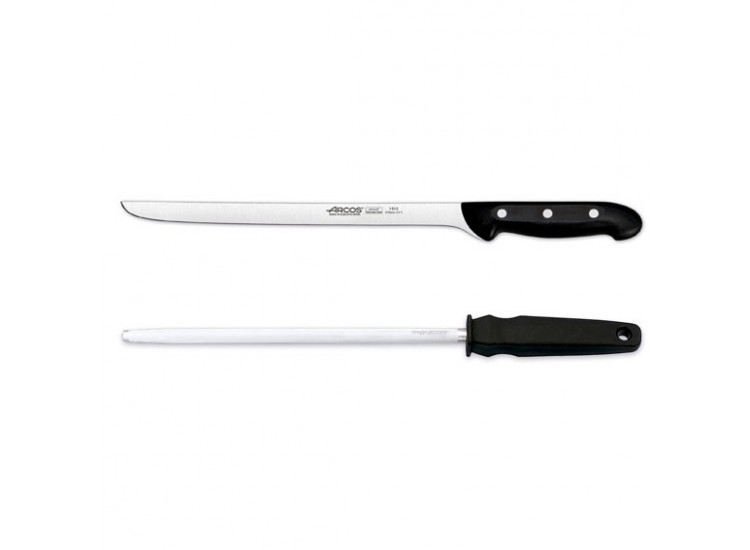 Coffret couteau &agrave; jambon + fusil Arcos MAITRE lame acier inox NITRUM