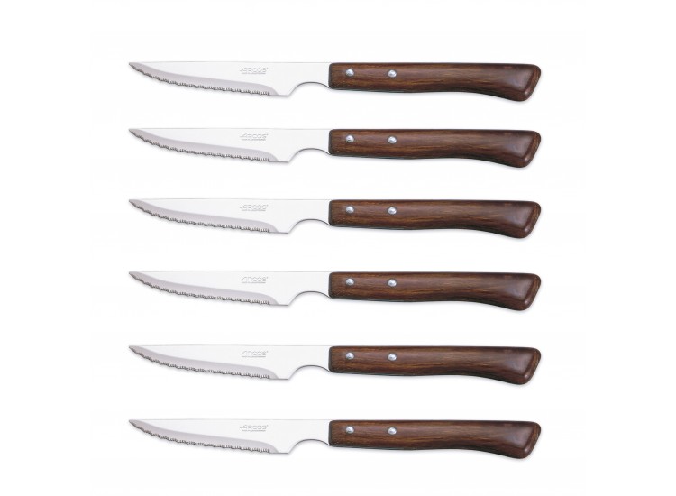 Set de 6 couteaux &agrave; steak manches en bois Arcos lames acier inox microdent&eacute;es