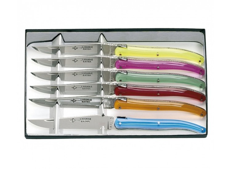 Coffret Laguiole G.DAVID, 6 couteaux table, 23 cm inox plein manche plexi fluo (coloris assortis), guilloch&eacute;