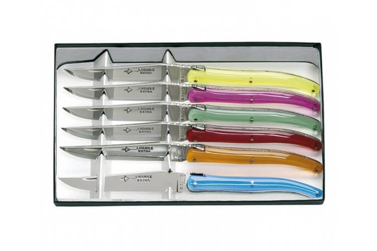 Coffret Laguiole G.DAVID, 6 couteaux table, 23 cm inox plein manche plexi fluo (coloris assortis), guilloché