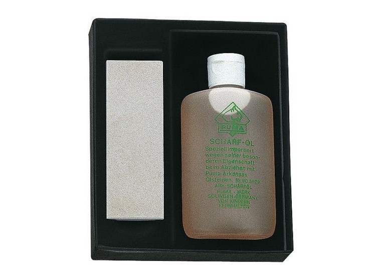Coffret 1 pierre d'Arkansas PUMA + 1 bouteille d'huile d'aiguisage