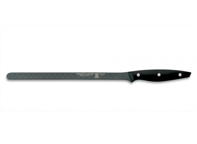 Couteau a jambon lame alv&eacute;ol&eacute;e teflon 30cm manche noir M&G
