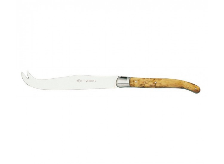 Coffret Laguiole G.DAVID &agrave; fromage, 2 pointes inox, en coffret, manche olivier, guilloch&eacute;, mitre inox bross&eacute;