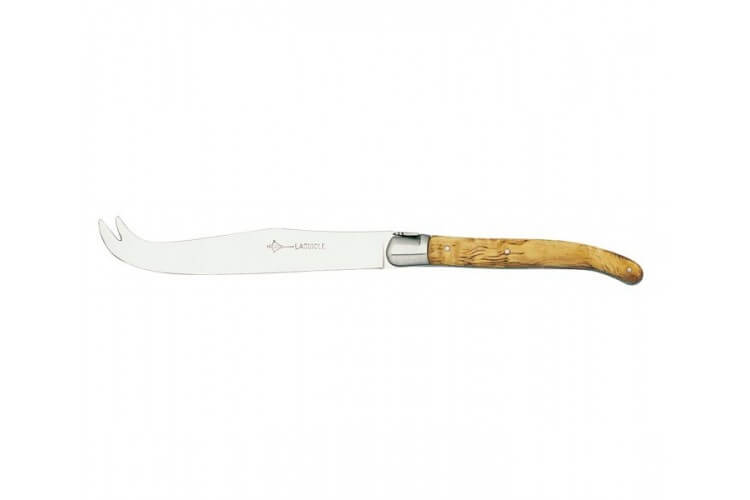 Coffret Laguiole G.DAVID à fromage, 2 pointes inox, en coffret, manche olivier, guilloché, mitre inox brossé