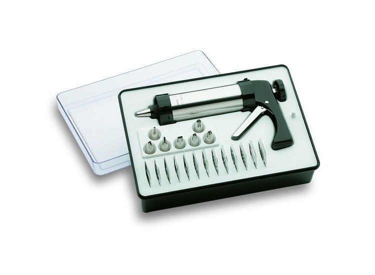 Seringue &agrave; biscuits corps inox 250ml + 7 douilles + 13 embouts pour biscuits