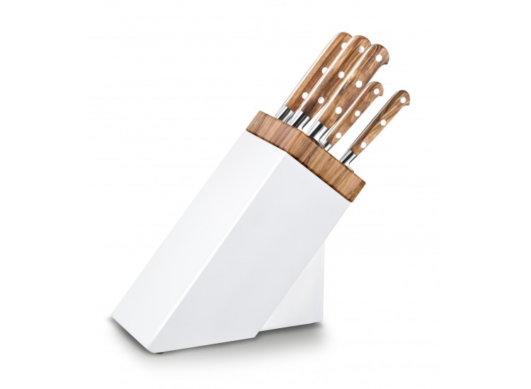 Bloc SABATIER Provencao en olivier laqu&eacute; blanc 5 couteaux forg&eacute;s acier inox