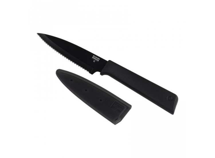 Couteau d'office dentel&eacute; Kuhn Rikon Colori lame 9.5cm anti-adh&eacute;sive noire + &eacute;tui