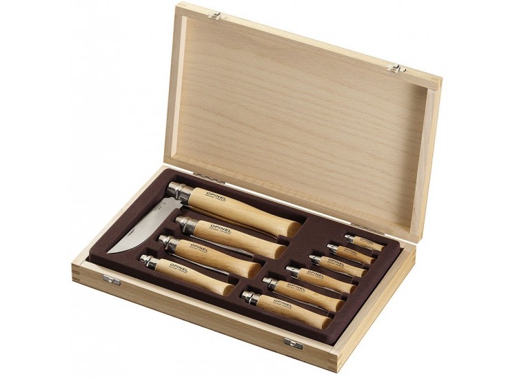 Coffret cadeau opinel traditionnel en bois 10 couteaux de poche