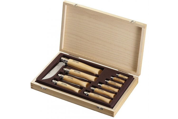 Coffret cadeau opinel traditionnel en bois 10 couteaux de poche