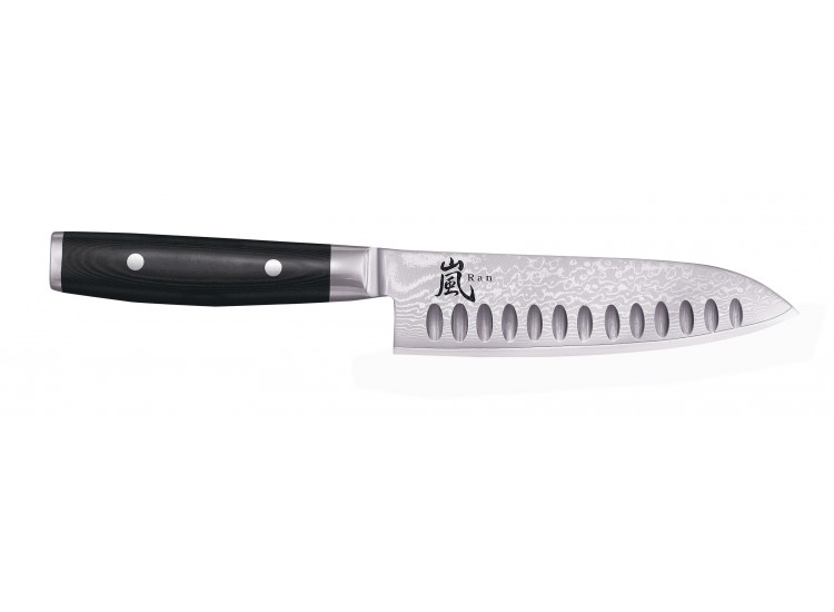 Couteau santoku japonais Yaxell RAN alv&eacute;ol&eacute; 16.5cm damas 69 couches