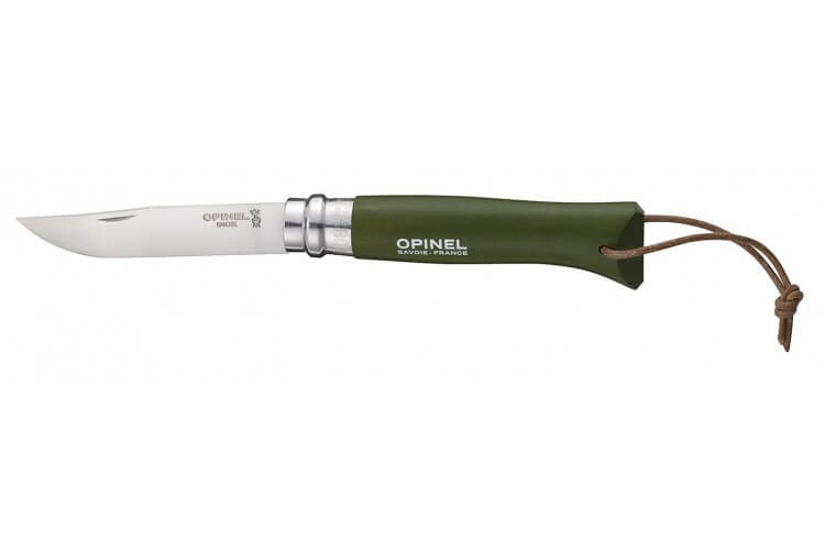Couteau Opinel Baroudeur n°08 lame 8.5cm virole tournante manche kaki + cordon