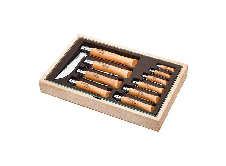 Coffret vitrine en bois Opinel Carbone 10 couteaux de poche