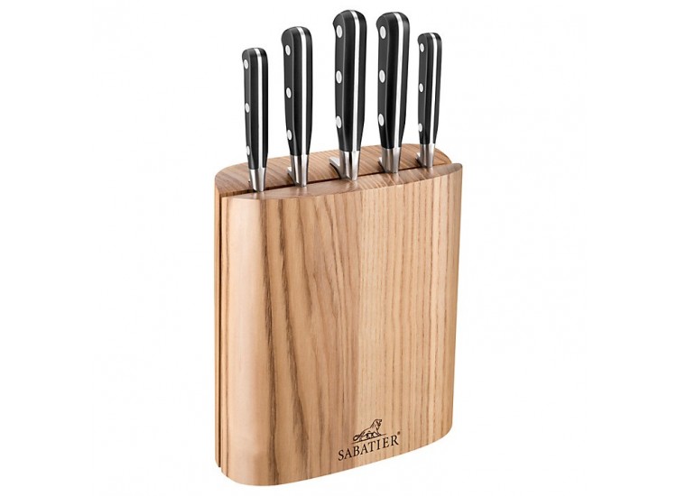 Bloc 5 couteaux SABATIER Id&eacute;al Inox 100% forg&eacute; fr&ecirc;ne naturel