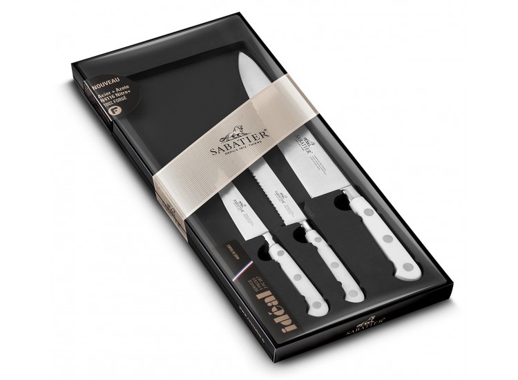 Coffret 3 couteaux Sabatier Toque blanche 100% forg&eacute; manches rivet&eacute;s