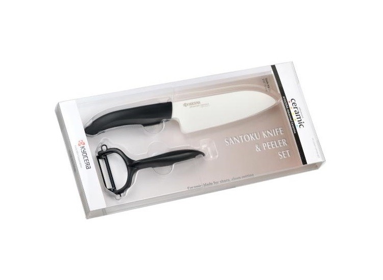 Coffret KYOCERA santoku 14 cm + Eplucheur c&eacute;ramique manches noirs