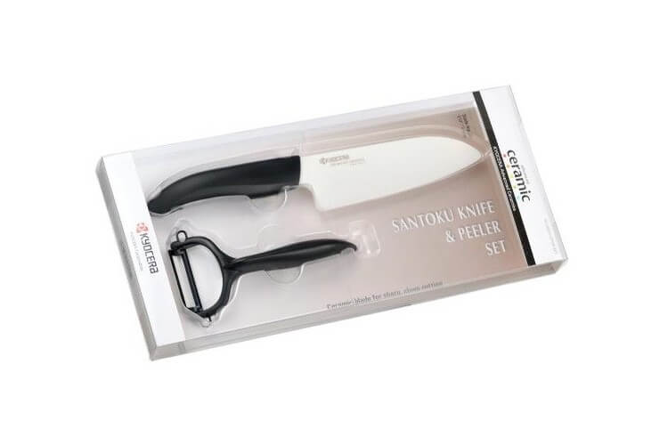 Coffret KYOCERA santoku 14 cm + Eplucheur céramique manches noirs