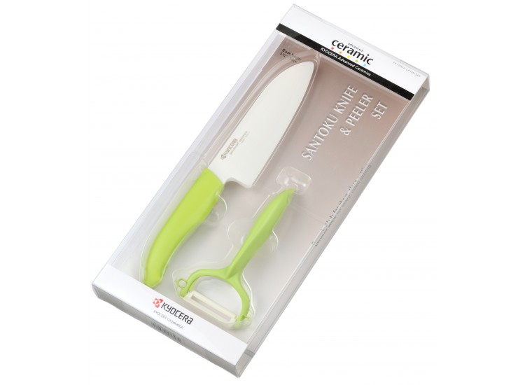 Coffret KYOCERA santoku 14 cm + Eplucheur c&eacute;ramique manches verts