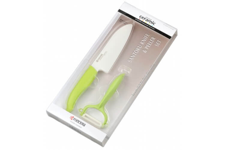 Coffret KYOCERA santoku 14 cm + Eplucheur céramique manches verts