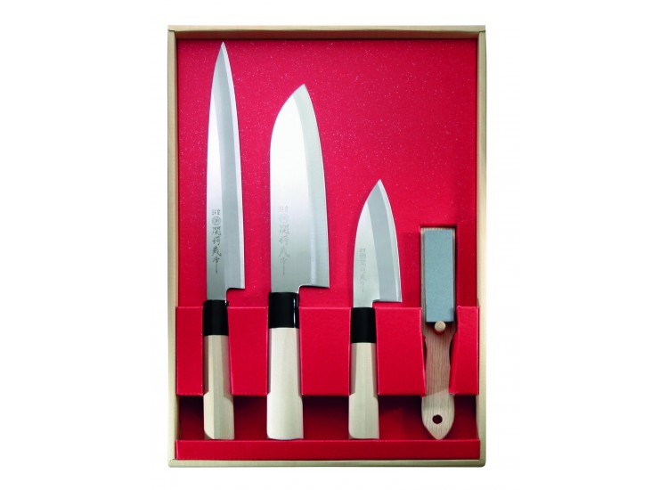 Coffret japonais Sekitsubazosaku 3 couteaux + 1 pierre &agrave; aiguiser