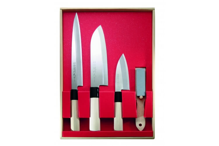 Coffret japonais Sekitsubazosaku 3 couteaux + 1 pierre à aiguiser