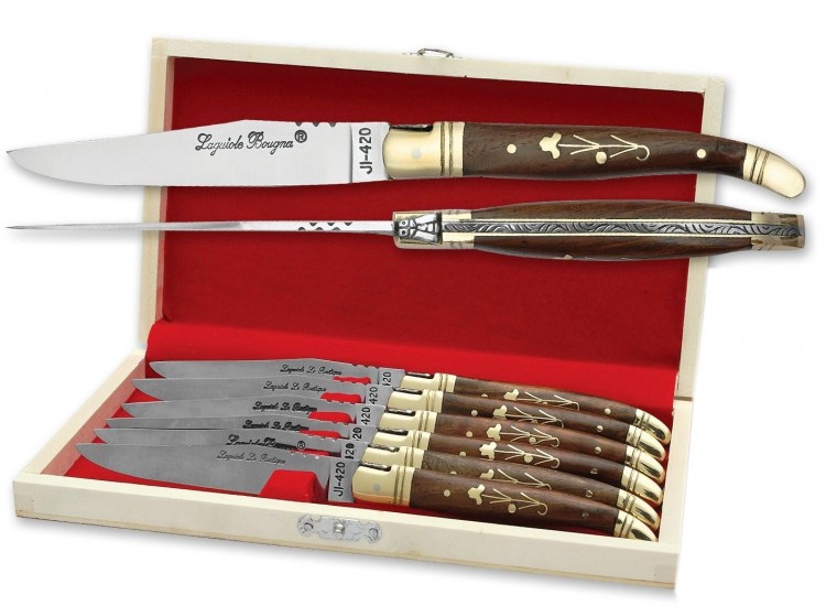 Coffret cadeau de 6 couteaux de table Laguiole Bougna manches ouvrag&eacute;s en palissandre