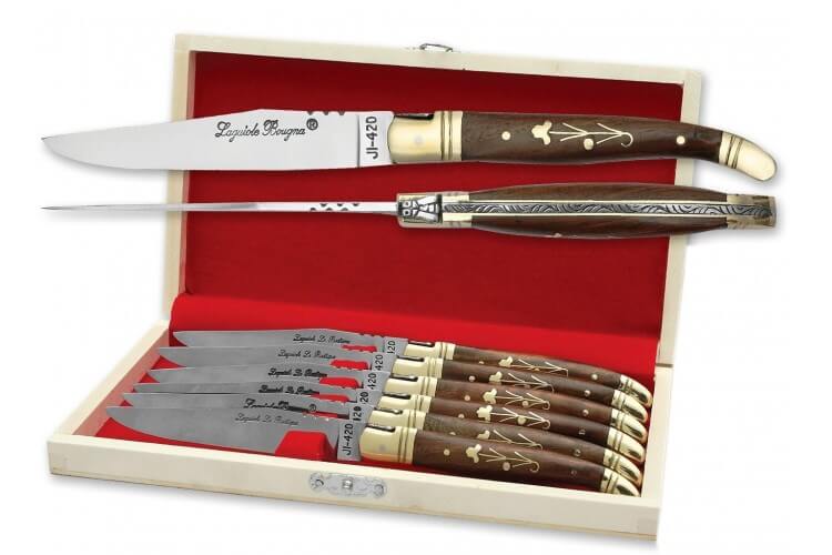 Coffret cadeau de 6 couteaux de table Laguiole Bougna manches ouvragés en palissandre