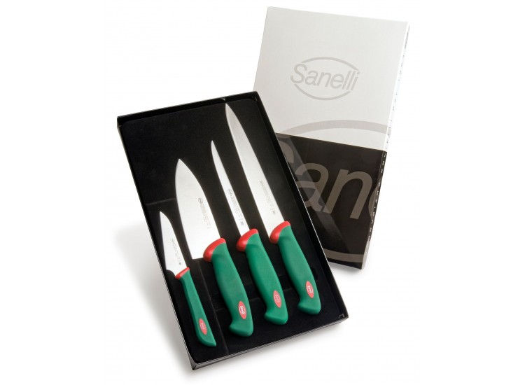 Coffret de 4 couteaux professionnels sp&eacute;cial sushi et poisson SANELLI manches verts