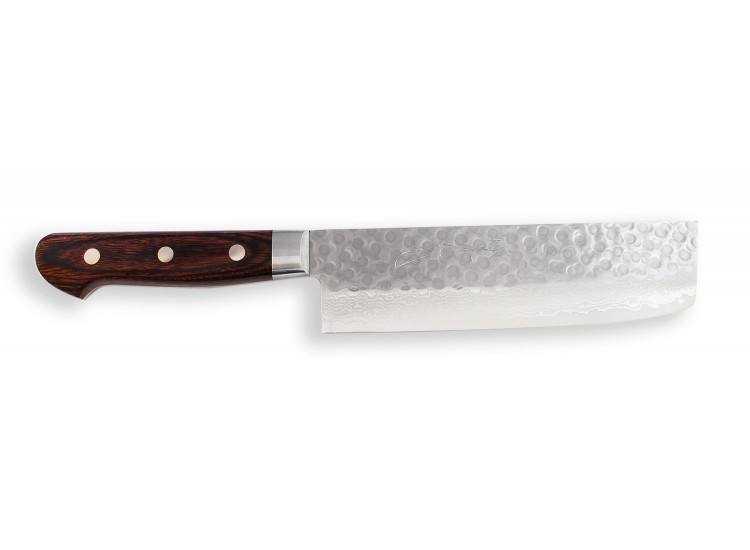 Couteau nakiri japonais artisanal Jikko Mahogan&iuml; Tsuchime 16cm 33 couches de damas