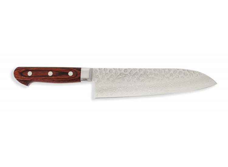 Couteau santoku japonais artisanal Jikko Mahogani Tsuchime 18cm damas 33 couches