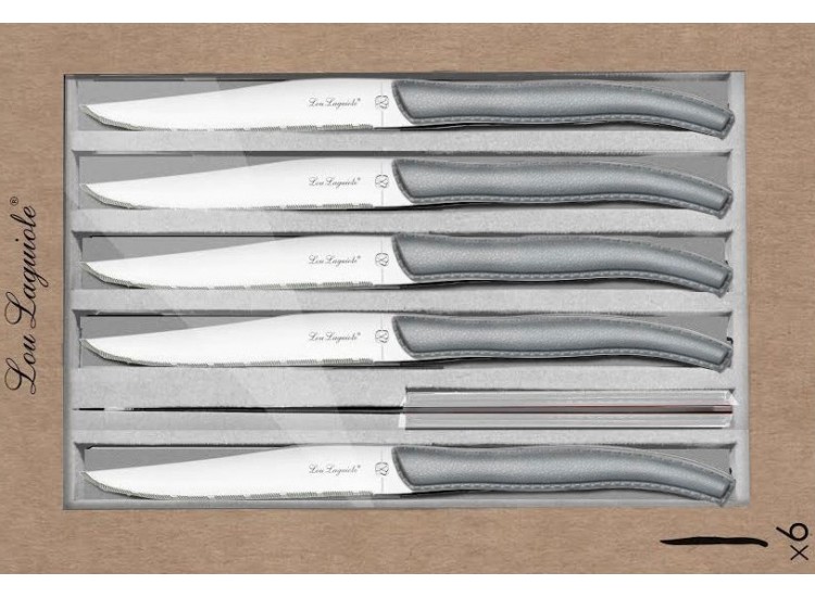 Coffret 6 couteaux &agrave; steak dentel&eacute;s LOU LAGUIOLE Sky manches gris