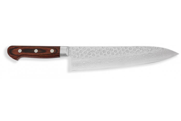 Couteau de chef japonais artisanal Jikko Mahogani Tsuchime 21cm damas 33 couches