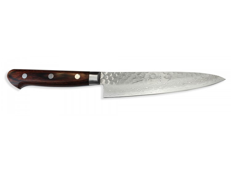 Couteau universel japonais artisanal Jikko Mahogani Tsuchime 13.5cm damas 33 couches