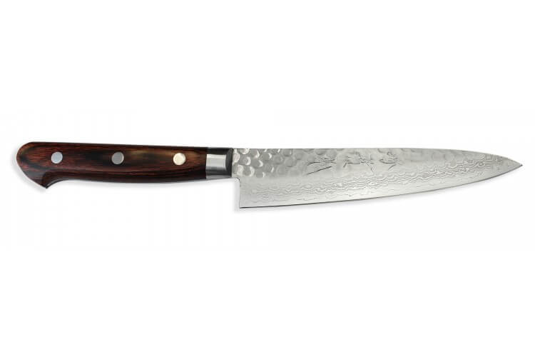 Couteau universel japonais artisanal Jikko Mahogani Tsuchime 13.5cm damas 33 couches