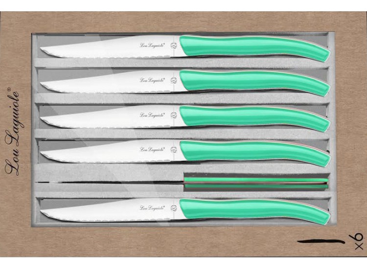 Coffret 6 couteaux &agrave; steak dentel&eacute;s LOU LAGUIOLE Star manches verts