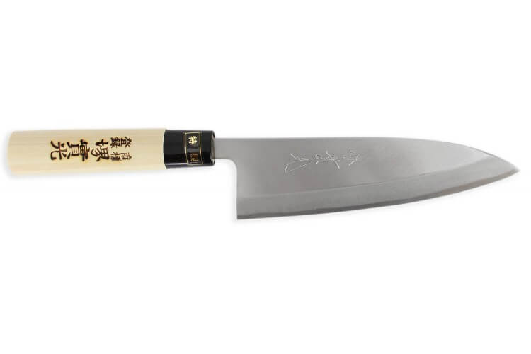 Couteau Deba japonais artisanal JIKKO Tokusei lame 18cm Nihon Steel manche magnolia gravé
