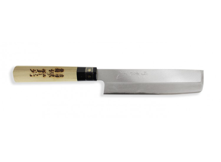 Couteau Usuba japonais artisanal JIKKO Tokusei lame 16.5cm Nihon Steel manche magnolia grav&eacute;