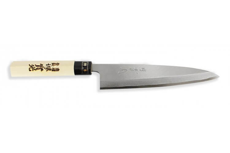 Couteau Mioroshi japonais artisanal JIKKO Tokusei lame 21cm Nihon Steel manche magnolia gravé