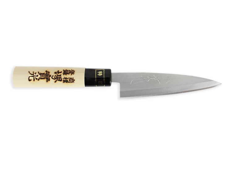 Couteau Kaisaki japonais artisanal JIKKO Tokusei lame 12cm Nihon Steel manche magnolia grav&eacute;