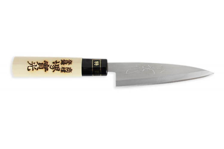 Couteau Kaisaki japonais artisanal JIKKO Tokusei lame 12cm Nihon Steel manche magnolia gravé