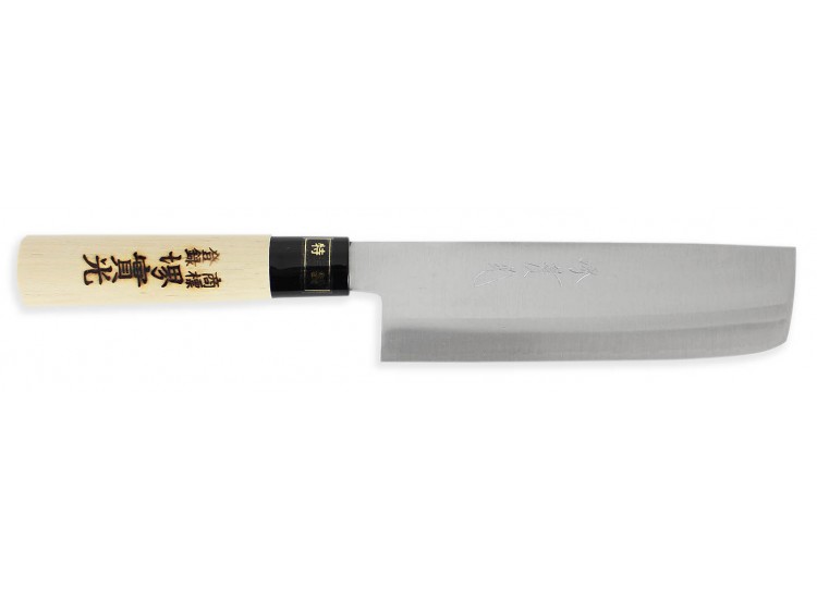Couteau Nakiri japonais artisanal JIKKO Tokusei lame 16.5cm Nihon Steel manche magnolia grav&eacute;