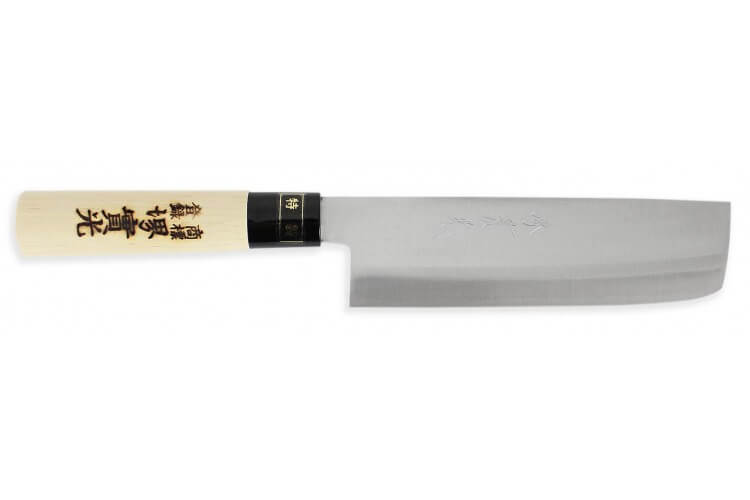 Couteau Nakiri japonais artisanal JIKKO Tokusei lame 16.5cm Nihon Steel manche magnolia gravé