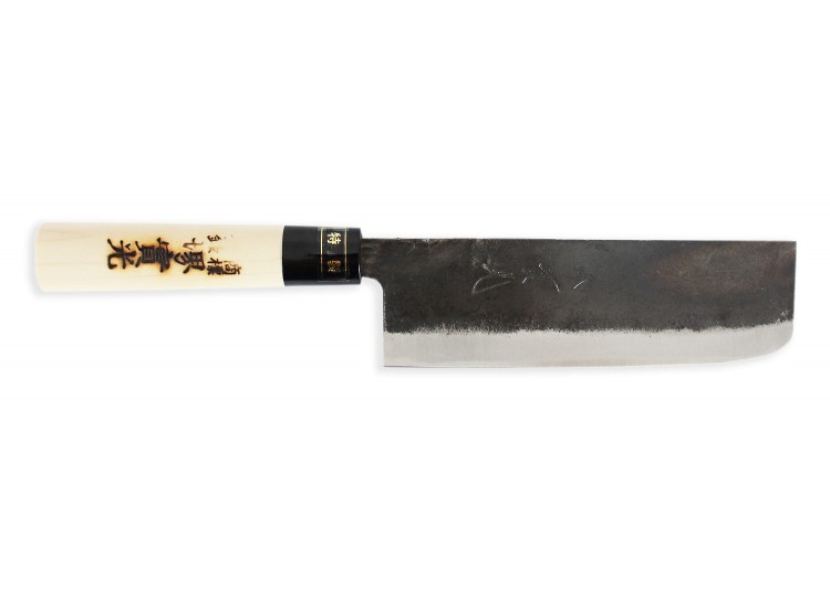 Couteau Nakiri japonais artisanal JIKKO Tokusei lame brute 16,5cm Nihon Steel manche magnolia grav&eacute;