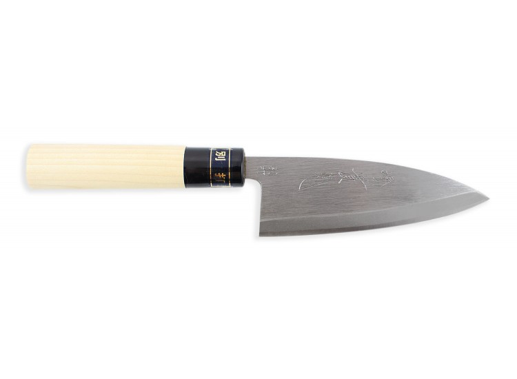 Couteau &agrave; poisson japonais artisanal JIKKO Betsuuchi lame 12cm en White Steel manche magnolia